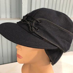 Wool Navy Blue VTG Railroad Tie Langenberg Winter Made USA Ear Flaps Hat Size 8